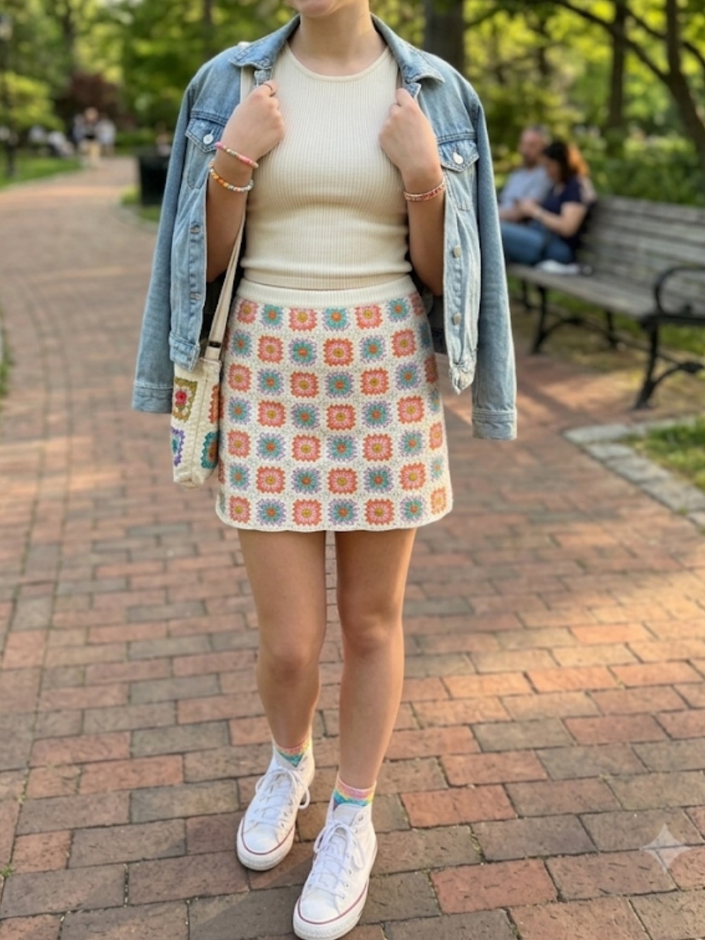 art class Cream Crochet Mini Skirt Multi Floral teen girl size 18(women XS S)